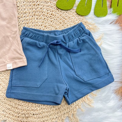 Conj. Camiseta Mariners e Bermuda em Moletinho - Caramelo e Azul Jeans